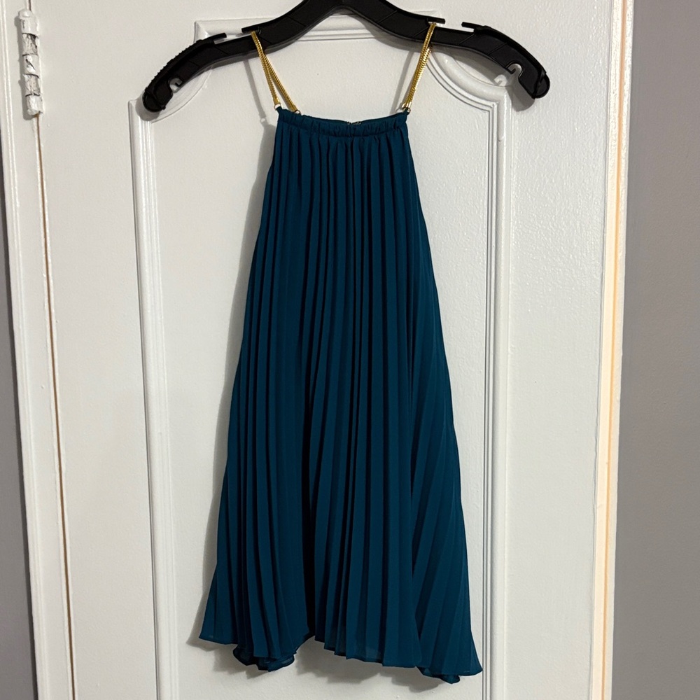 Trina Turk Teal Pleated Halter Top with Gold Chain Straps